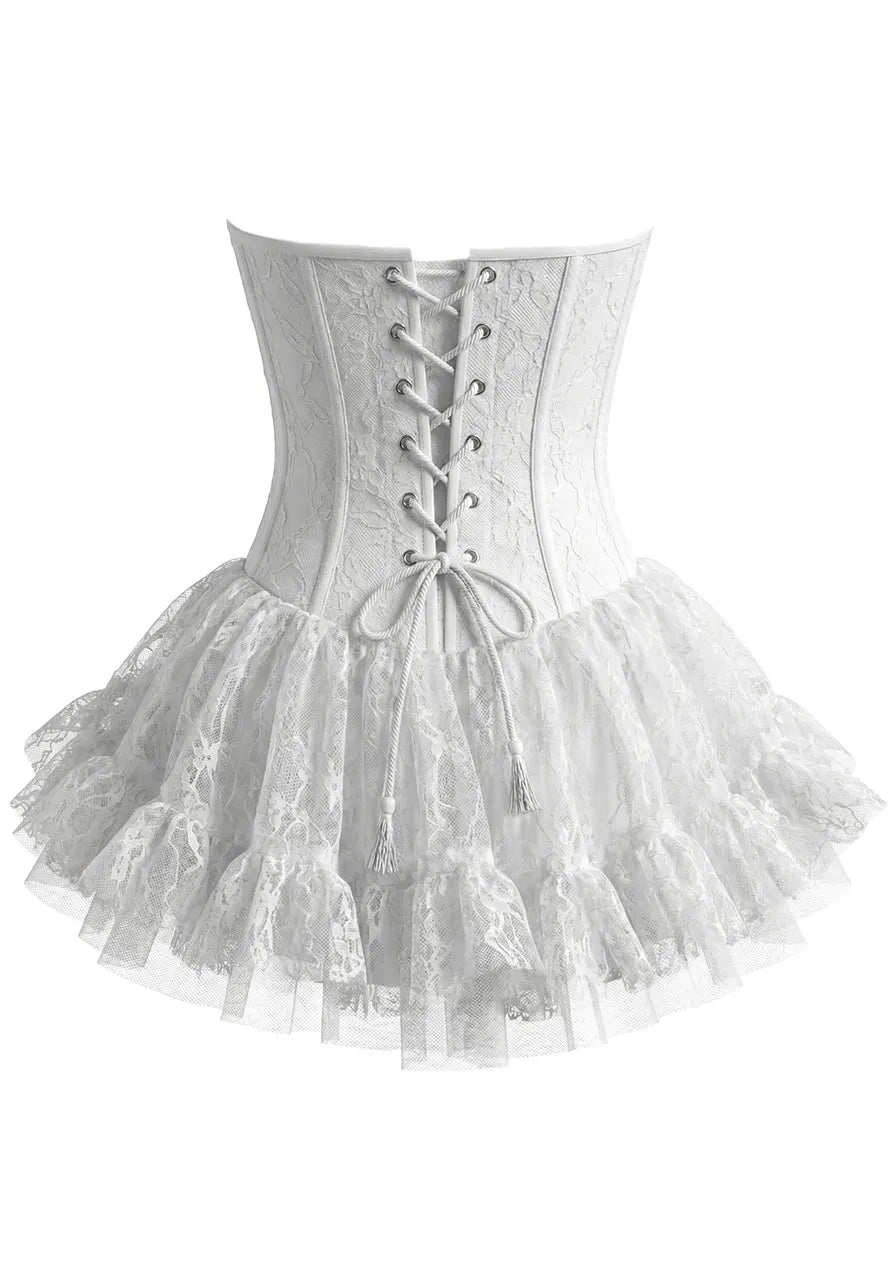 Strapless Draped Bustier Lace A Line Corset Dress White