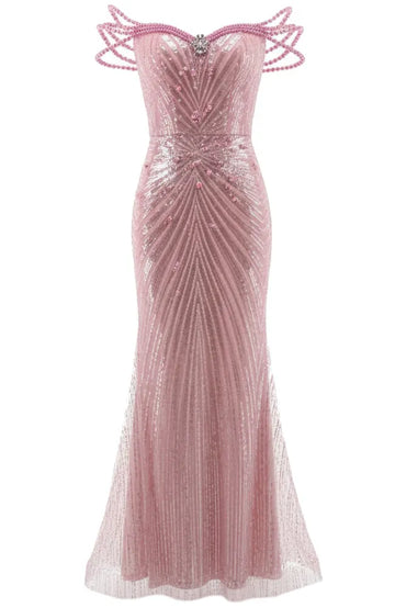 Embellished Bardot Sequin Maxi Dress Pink
