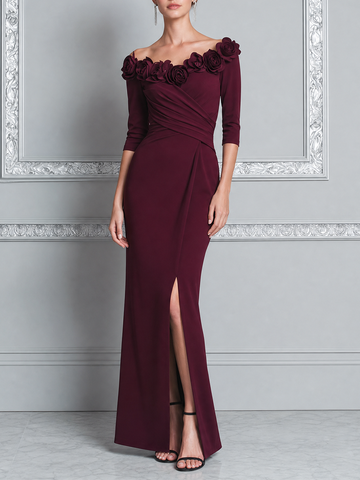 Burgundy Red Dress Fall Wedding Guest Dress Floral Off Shoulder Slit Maxi Dress
