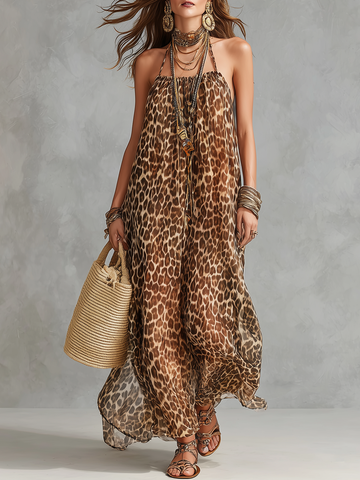 Resort Style Leopard Print Chiffon Halter Neck Maxi Dress