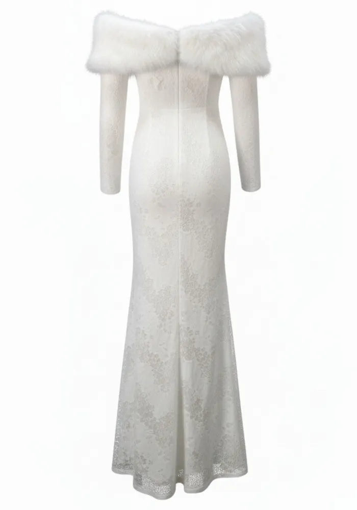 Long Sleeve Fur Bardot Maxi Dress White