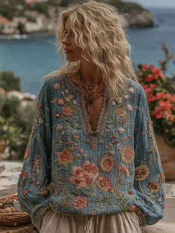 Women's Floral Embroidery Linen V-neck T-shirt