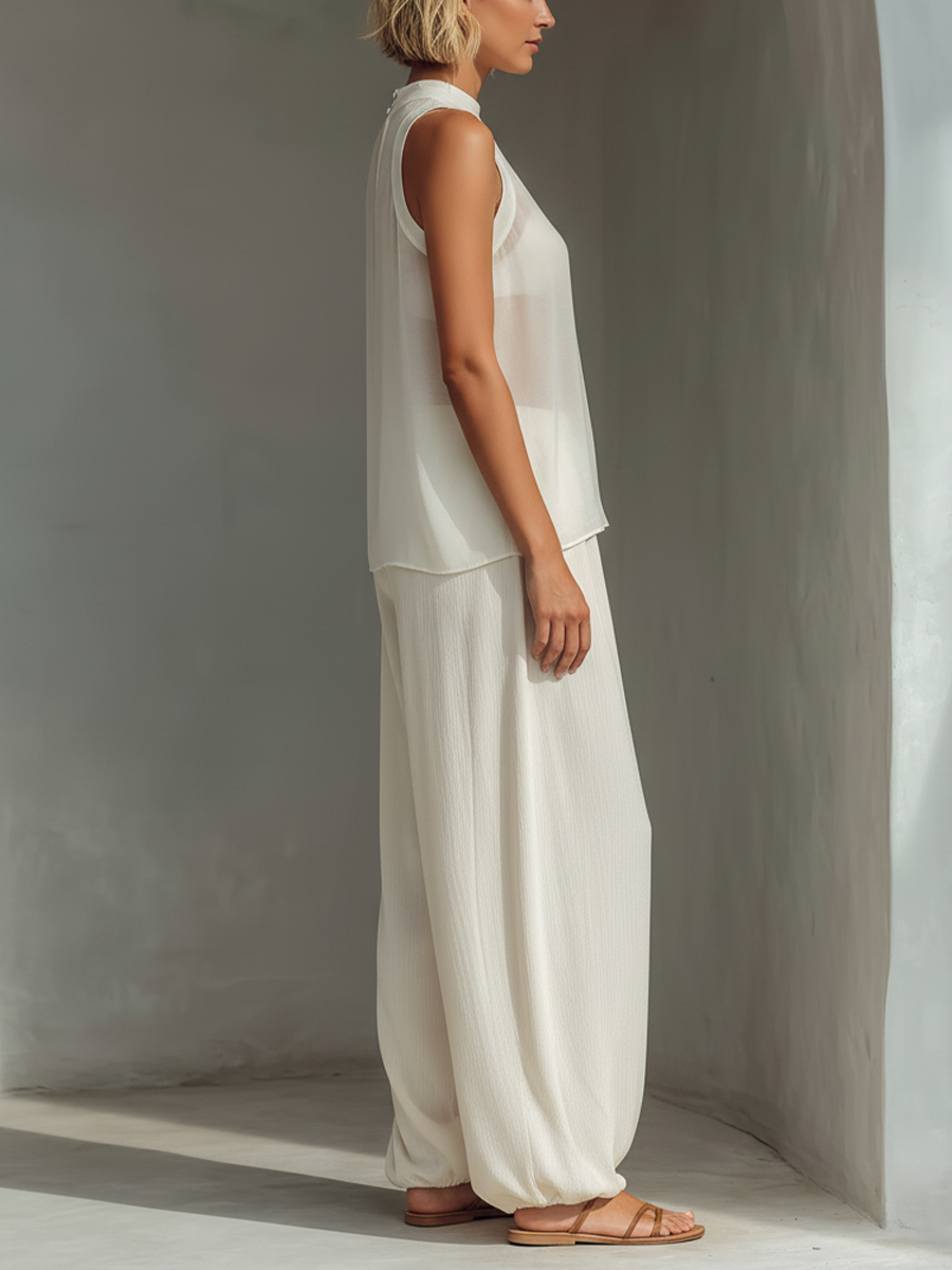 Women’s Cream Sheer Sleeveless High Neck Oversized Flowy Cami Top MDZ3000C3T