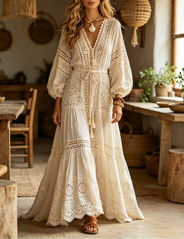 Women's Off-Shoulder Maxi Dress with Crochet Lace & Tassel Belt