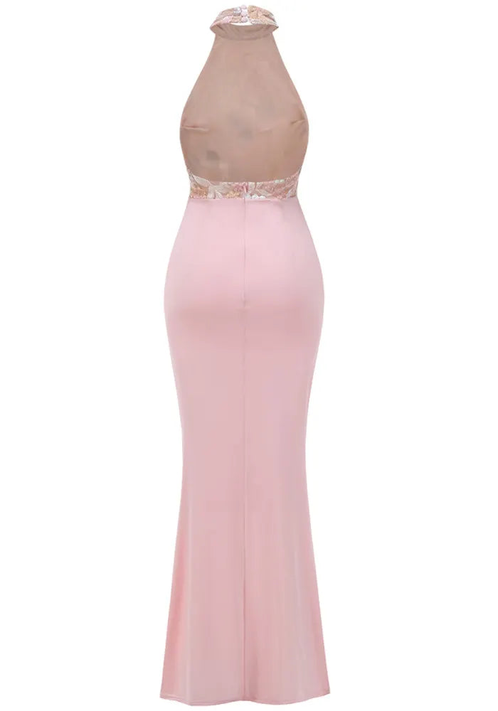 Halter Floral Sequin Embroidered Maxi Dress Pink