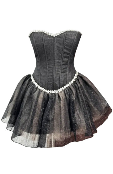 Strapless Crystal Corset A Line Dress Grey