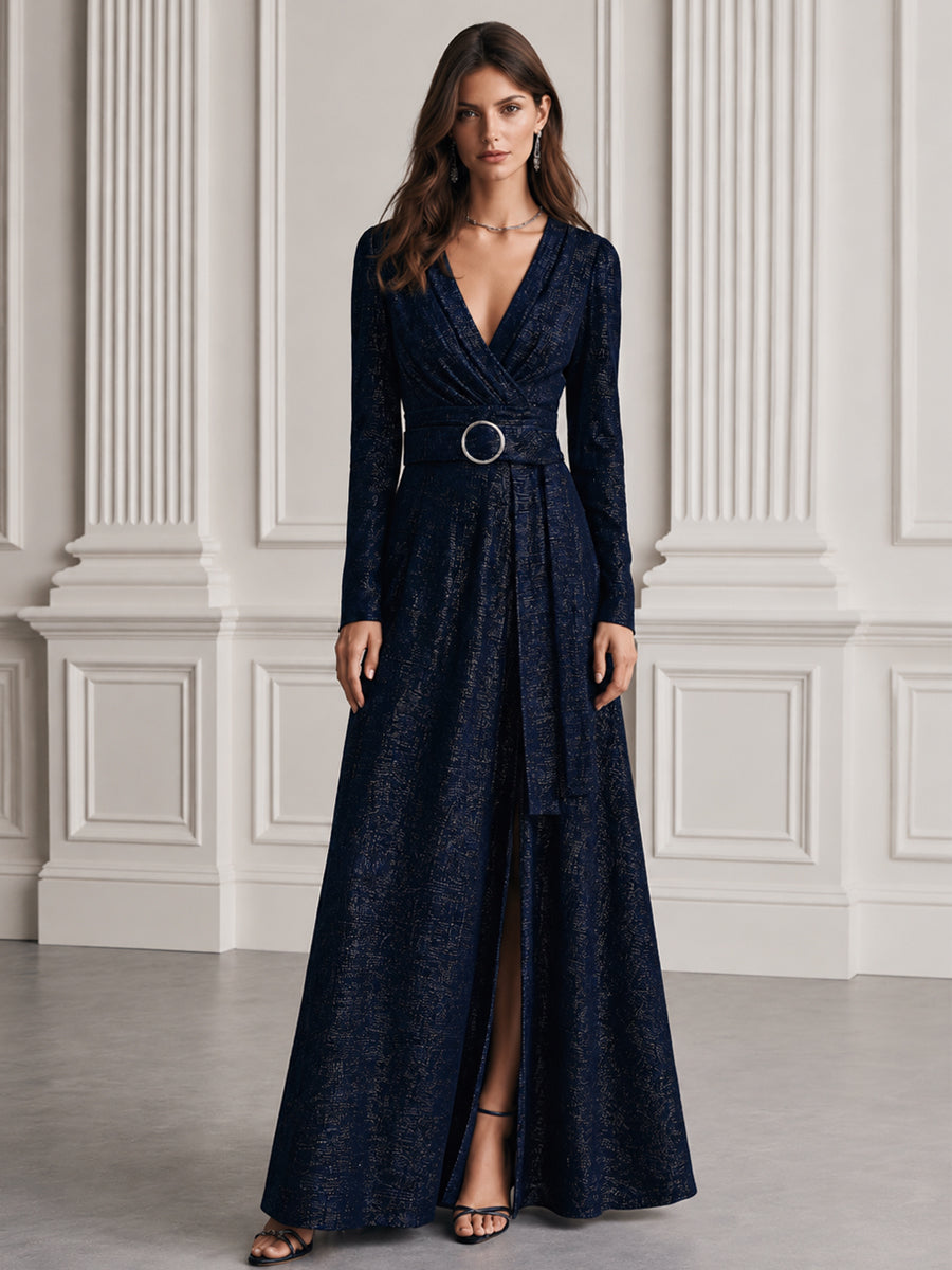 Lurex Surplice V-Neck Circle Buckle Belt Maxi Evening Gown