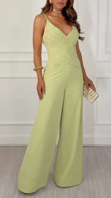 V Neck Ruched Bodice Wide Leg Jumpsuit