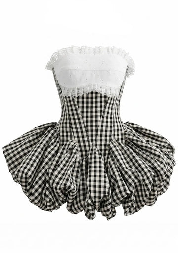 Strapless Lace Gingham Bubble Dress Black