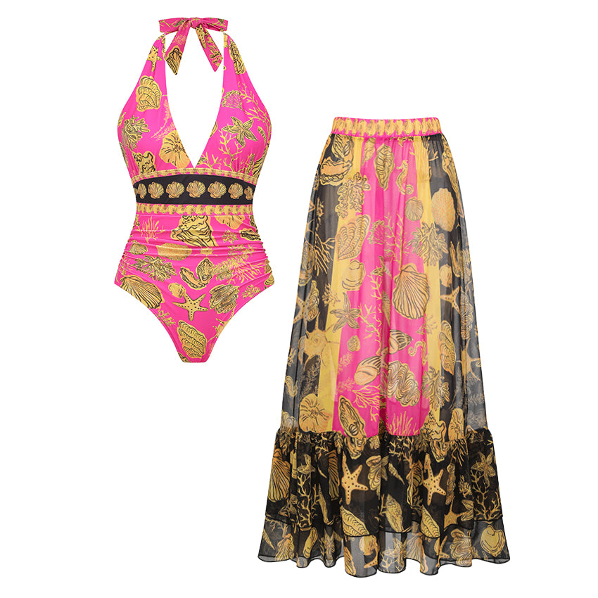 Halter Neck Seashell Print Vacation Swimsuit Set(s)