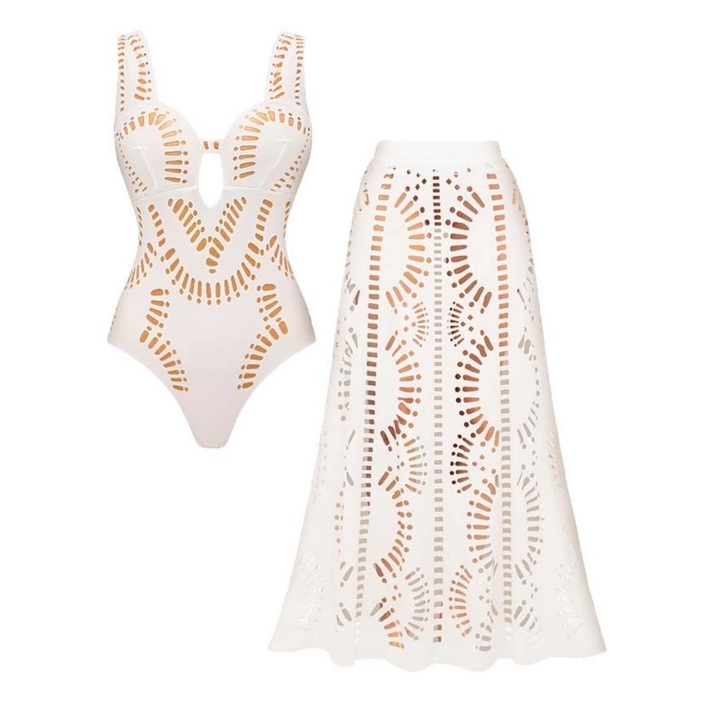 Laser White Hollow Out One Piece Swimsuit and Skirt