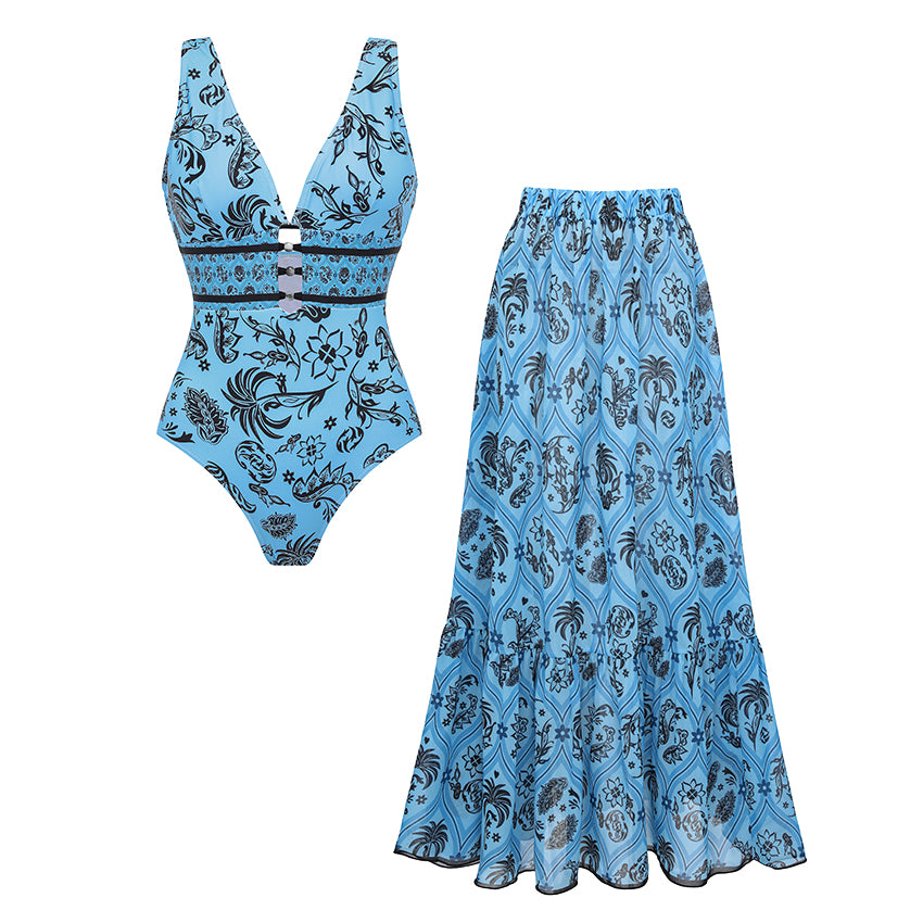 V Neck Blue Printed Waist Cut Out Swimsuit Set(s)