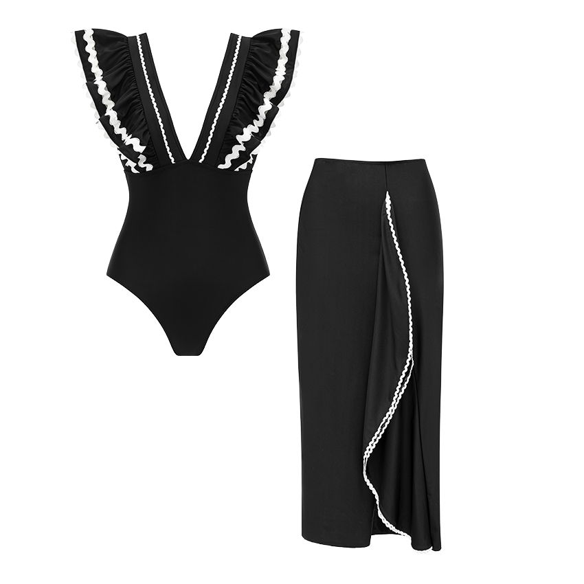 Black Ruffle V-neck Swimsuit set(s)
