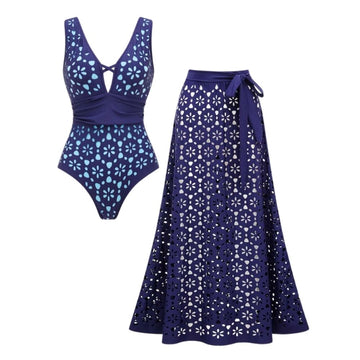 Laser Hollow Out One Piece Swimsuit and Skirt