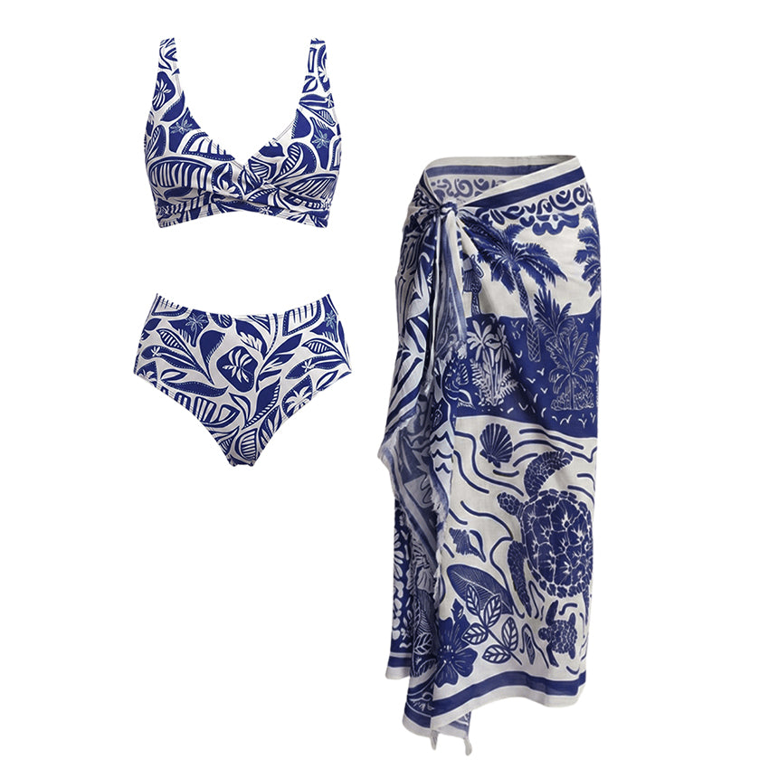 Push-Up Blue Leaves Print Bikini Swimsuit Set(s)