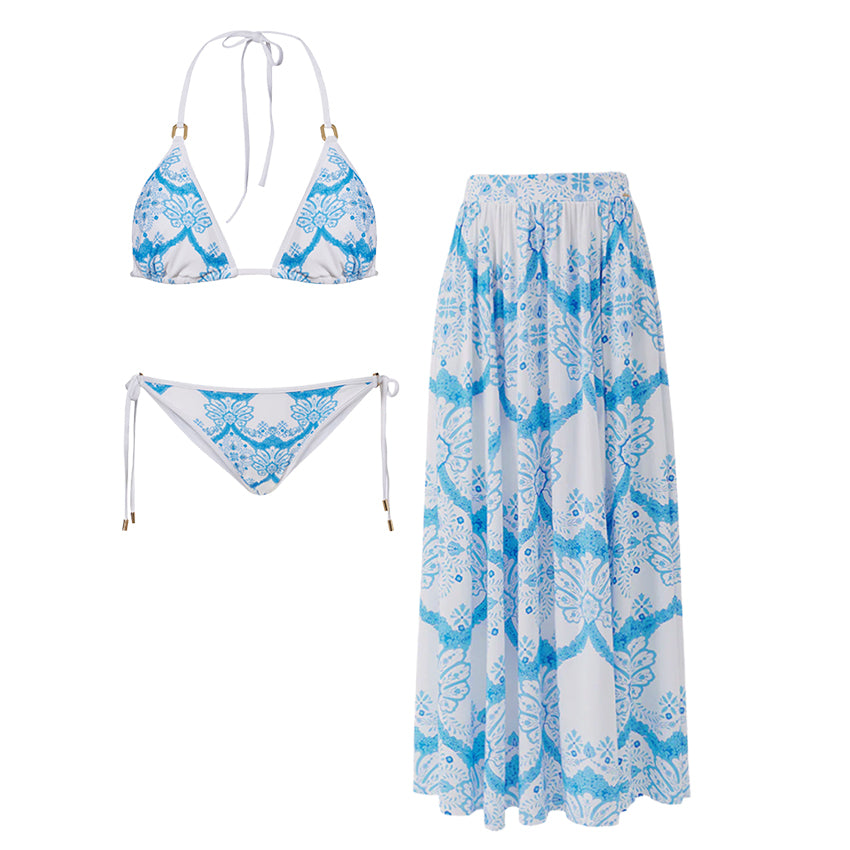 Halter Neck Light Blue Printed Sexy Bikini Swimsuit Set(s)