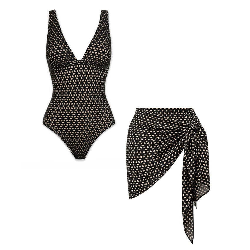 V Neck Black Printed Swimsuit Set(s)