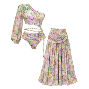 One Shoulder Cut out Blossom Printed One Piece Swimsuit and skirt Flaxmaker