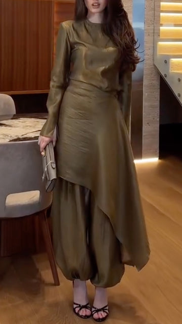 Satin High Neck Long Sleeve Top & Asymmetrical Overlay Balloon Pant Two Piece Set