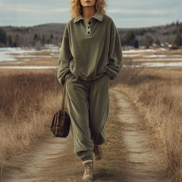 Casual Loose Gray-Green Velvet Polo Sweatshirt And Trousers Sports Set