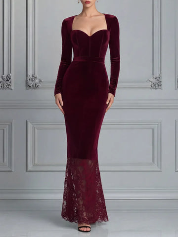 Red Dress Lace Hem Fall Wedding Guest Dress Velvet Mermaid Maxi Dress