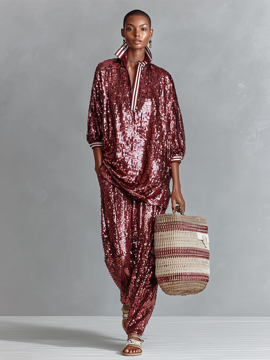 Women's Burgundy Sequin Harem Pants With Elastic Waist & Tapered Ankle, Timeless Party-Glam Style Pants MDZ1663D2LYL