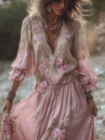Boho Glitter Pink Roses Lace Gradient Flowy Linen Maxi Dress