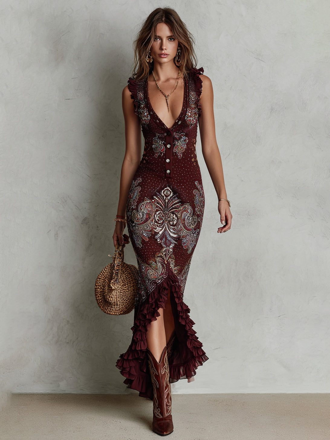 Embroidered Polyester Maxi Dress With Ruffles And Deep V-Neckline