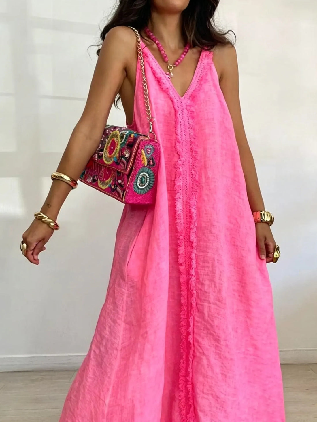 Linen Spaghetti Strap Boho Maxi Dress