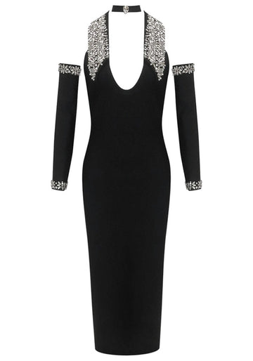 Halter Crystal Sleeves Midi Dress Black