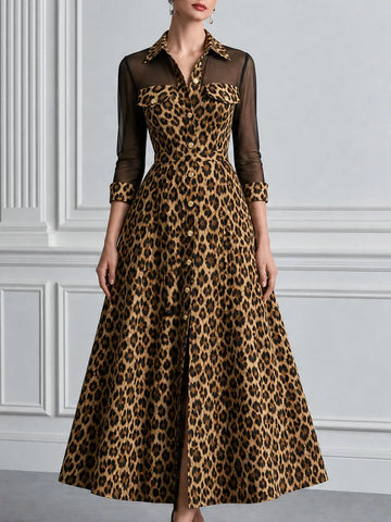 Leopard Print Mesh Patchwork Collared Shirt Midi Dress