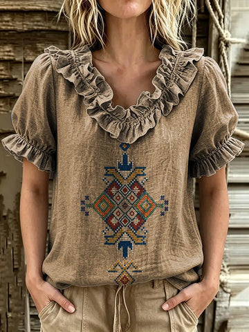 Women's Ethnic Cross Geometric Print Ruffle V-Neck Puff Sleeve Blouse