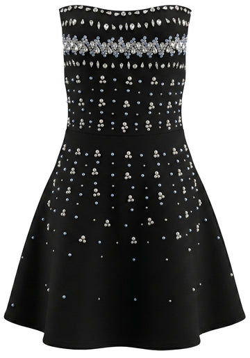 Strapless Crystal Embellished A Line Dress Black