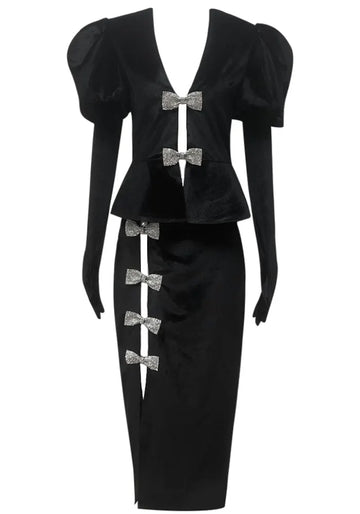 Short Sleeve Crystal Bow Midi Two Piece Velvet Dress Black