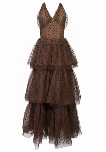 Halter Polka Dot Ruffle Maxi Dress Brown