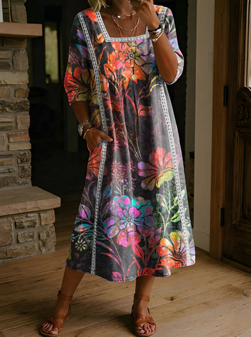 Women's Folk Printed Square Neck Hollow Cotton Pocket Dress