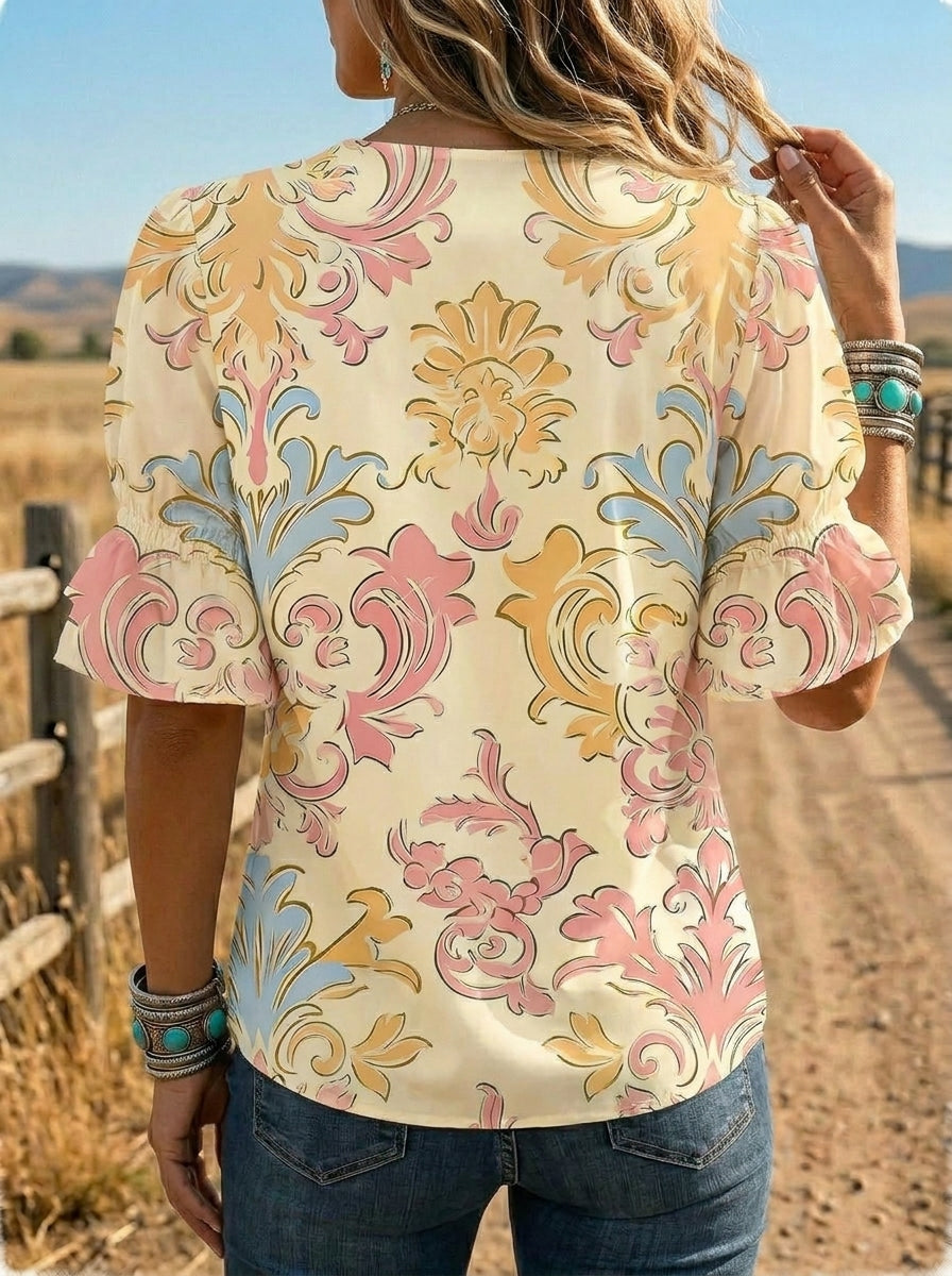 Women's Retro Leopard Floral Puff Sleeve Casual Shirt