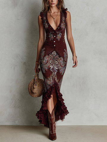 Embroidered Polyester Maxi Dress With Ruffles And Deep V-Neckline