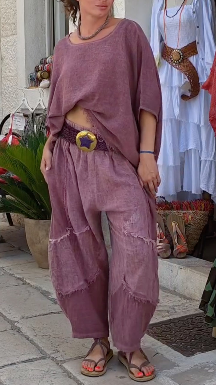 Mauve Frayed Linen Two Piece Set