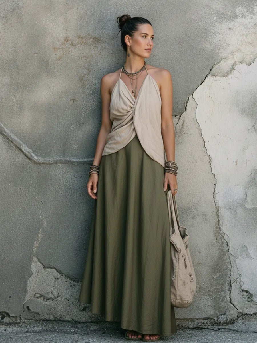 Women's Relaxed-Fit Off-White Cotton-Linen Halter Top And Olive Green Cotton-Linen Midi Skirt Set MDZ2357D0GMJ