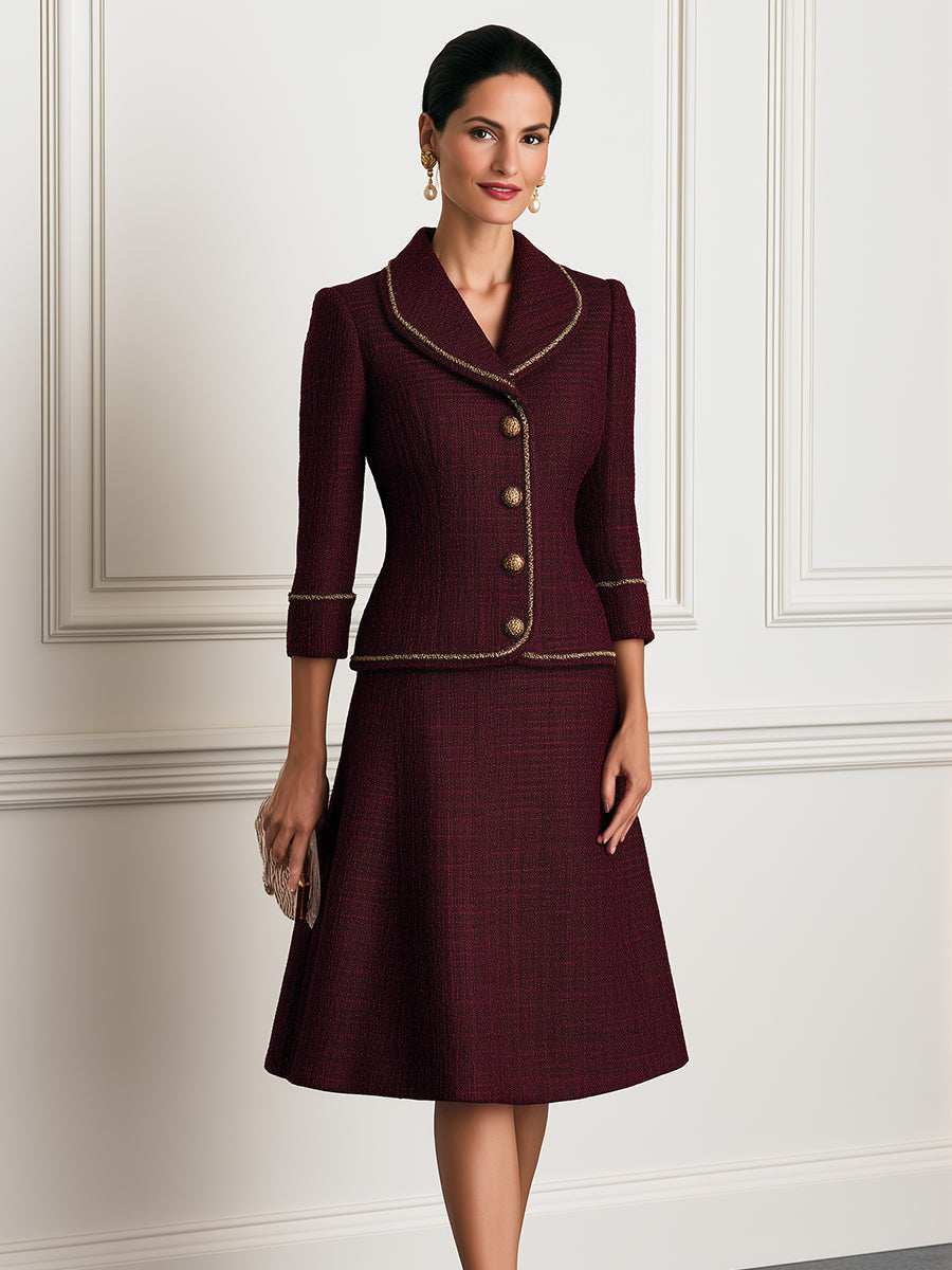 Tweed Shawl-Collar Jacket & A-Line Midi Skirt Set