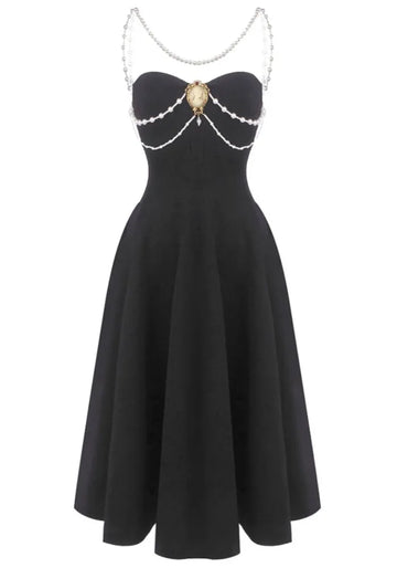 Pearl Detail Strapless A Line Midi Dress Black