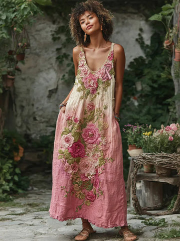 Vintage Pink Flowers Embroidered Linen Maxi Dress