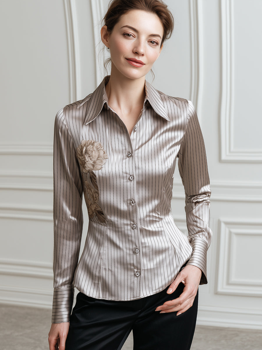 Floral Print Pinstripe Satin Fitted Shirt