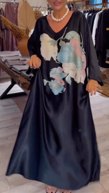 Satin Watercolor Floral Print Loose Maxi Dress