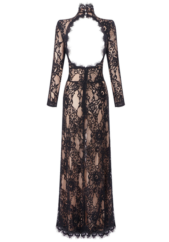 Long Sleeve Cut Out Lace Maxi Dress Black