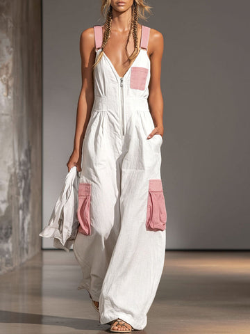 Color-blocked Wide-strap Sleeveless Multi-pocket Jumpsuit