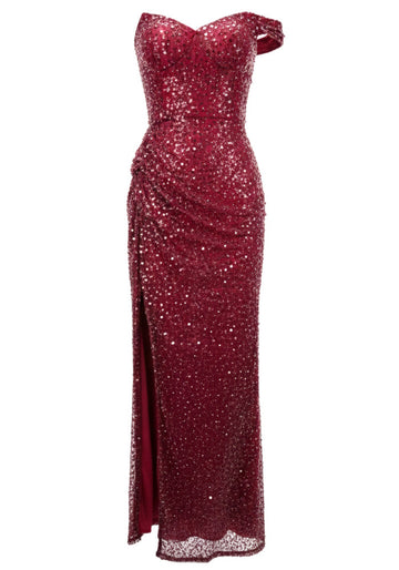 Sequin Draped Bardot Maxi Dress Red