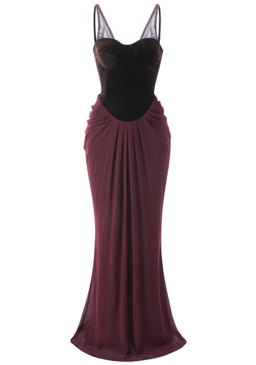 Velvet Bustier Draped Maxi Dress Brown