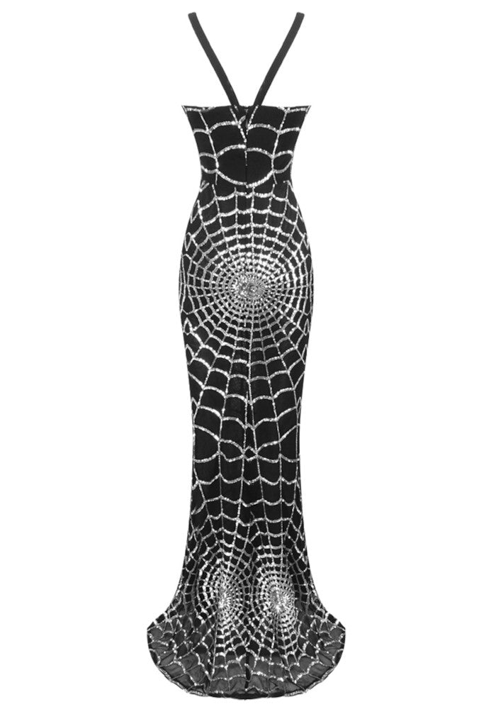 Lace Up Sequin Maxi Dress Black Silver